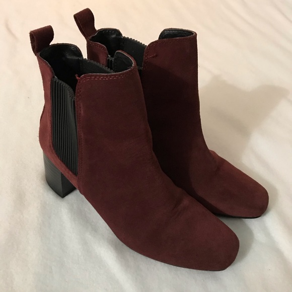 Zara Basic Burgundy Suede Chunky Heel Pull On Booties Square Toe Size 6.5 - Picture 6 of 8